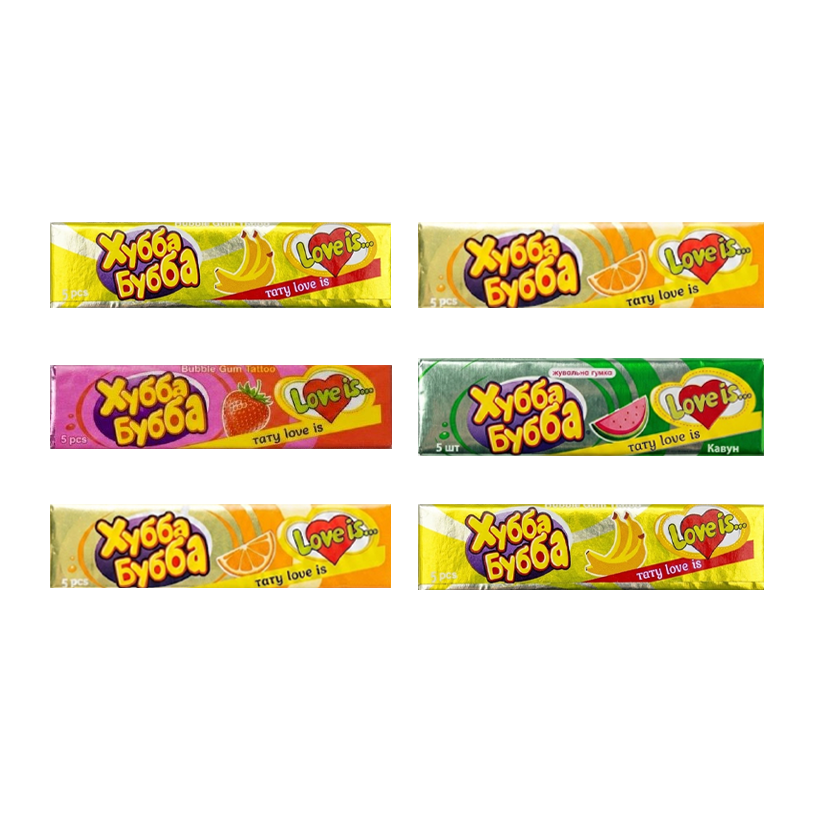 Набор Жевательная Резинка 6шт Love is... x Hubba Bubba Пластинки с Татуировкой 17g - Retromagaz