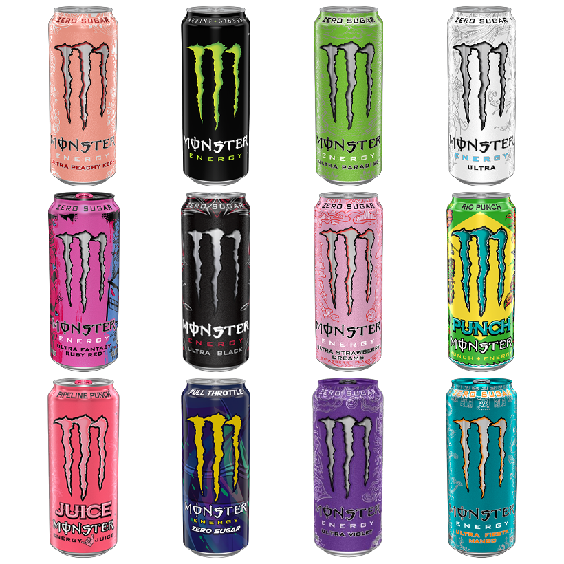 Набір Тахікардія (Monster Energy Ruby Red + Strawberry Dreams + Black + White + Pipeline Punch + Paradise + Peachy Keen + Violet + Juice Rio Punch + Fiesta Mango + Full Throttle + Classic Original) - Retromagaz