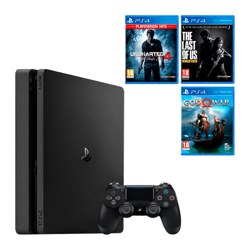 Набор Консоль Sony PlayStation 4 Slim 1TB Black Без Геймпада Б/У  + Игра Uncharted 4: A Thief's End Русская Озвучка + The Last of Us Remastered + God of War - Retromagaz