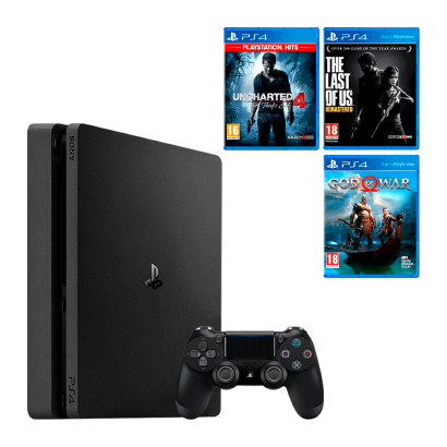 Набір Консоль Sony PlayStation 4 Slim 1TB Black Б/У  + Гра Uncharted 4: A Thief's End Російська Озвучка + The Last of Us Remastered + God of War - Retromagaz