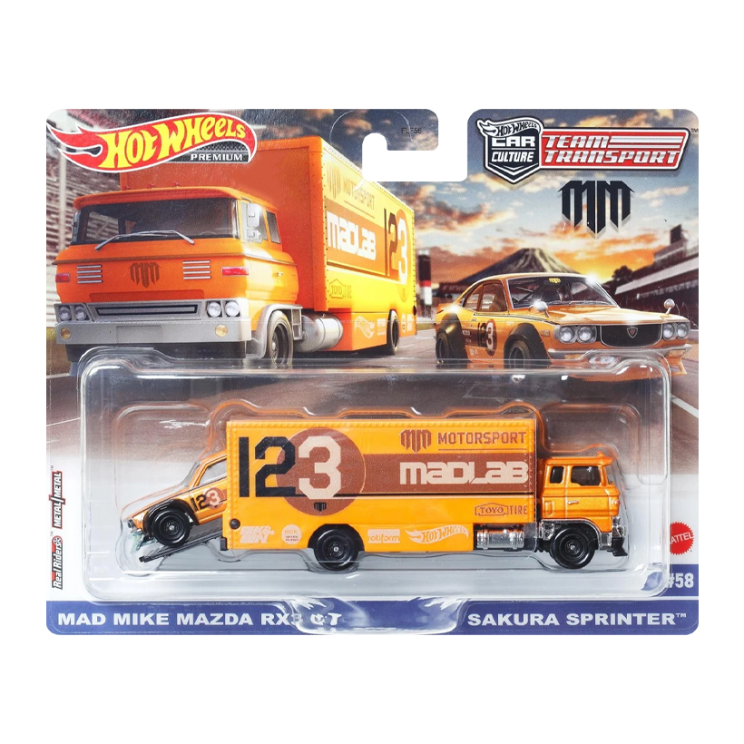 Машинка Premium 2шт Hot Wheels Mazda RX3 GT та Транспортер Sakura Sprinter Mad Mike Team Transport 1:64 FLF56/HKF44 Orange - Retromagaz