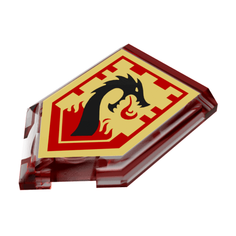 Плитка 4шт Lego Модифікована Декоративна Pentagonal Nexo Power Shield Pattern Lava Dragon 2 x 3 22385pb021 6133625 Trans-Red Б/У - Retromagaz