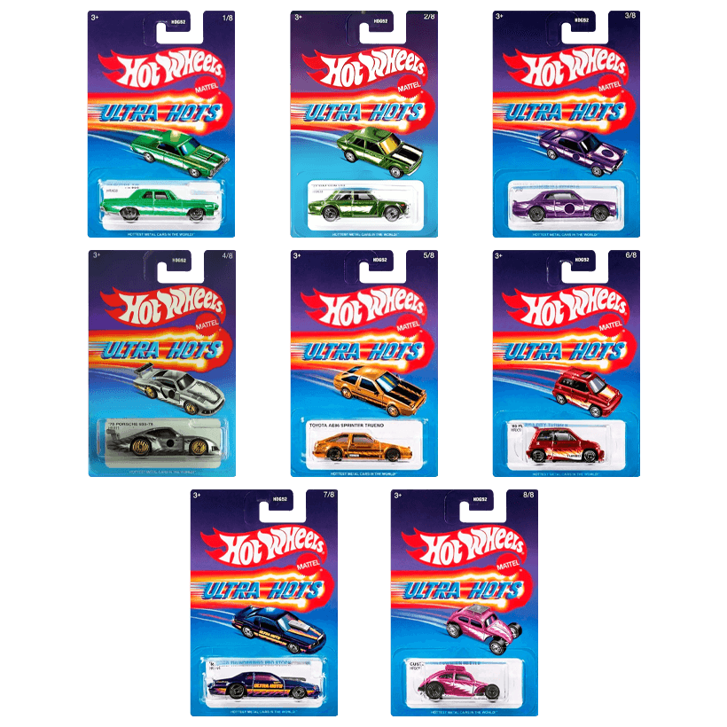 Набор Тематическая Машинка Hot Wheels '64 Dodge 330 Ultra Hots 1:64 HDG52/HRX08 Green  + '71 Datsun 510 + Skyline H/T 2000GT-X Purple + '78 Porsche 935-78 Silver + Toyota AE86 Sprinter Trueno Orange + '85 Honda City Turbo II Red + '86 Ford Thunderbird Pro - Retromagaz