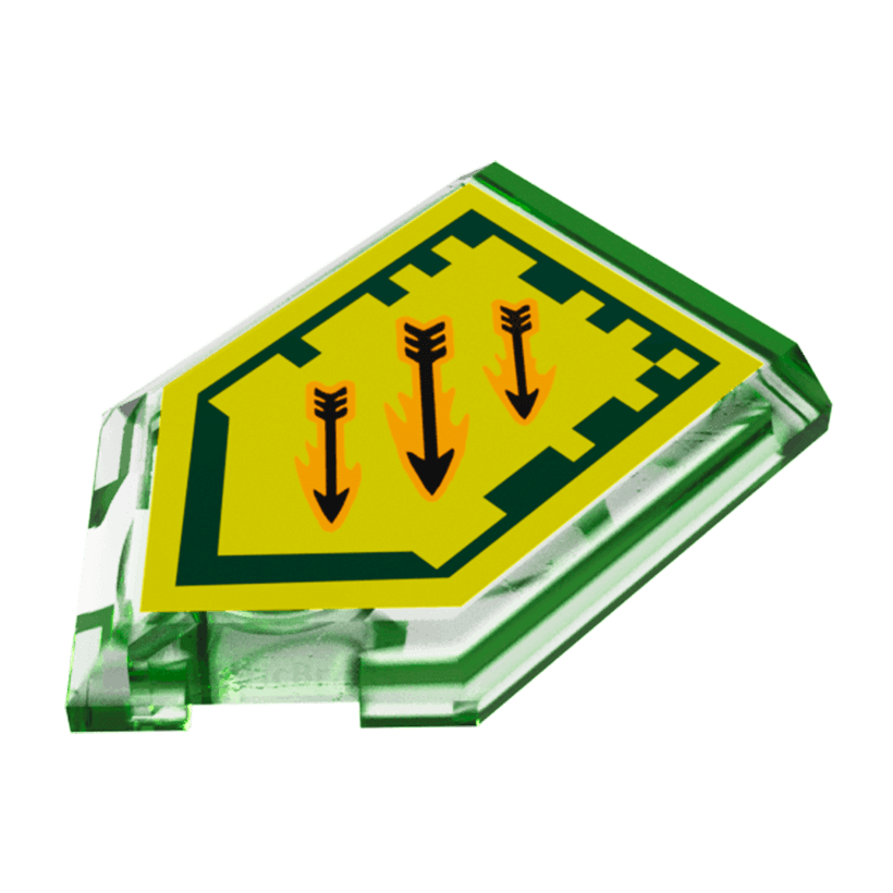 Плитка 4шт Lego Модифицированная Декоративная Pentagonal Nexo Power Shield Patern Arrow Strike 2 x 3 22385pb023 6133242 Trans-Bright Green Б/У - Retromagaz