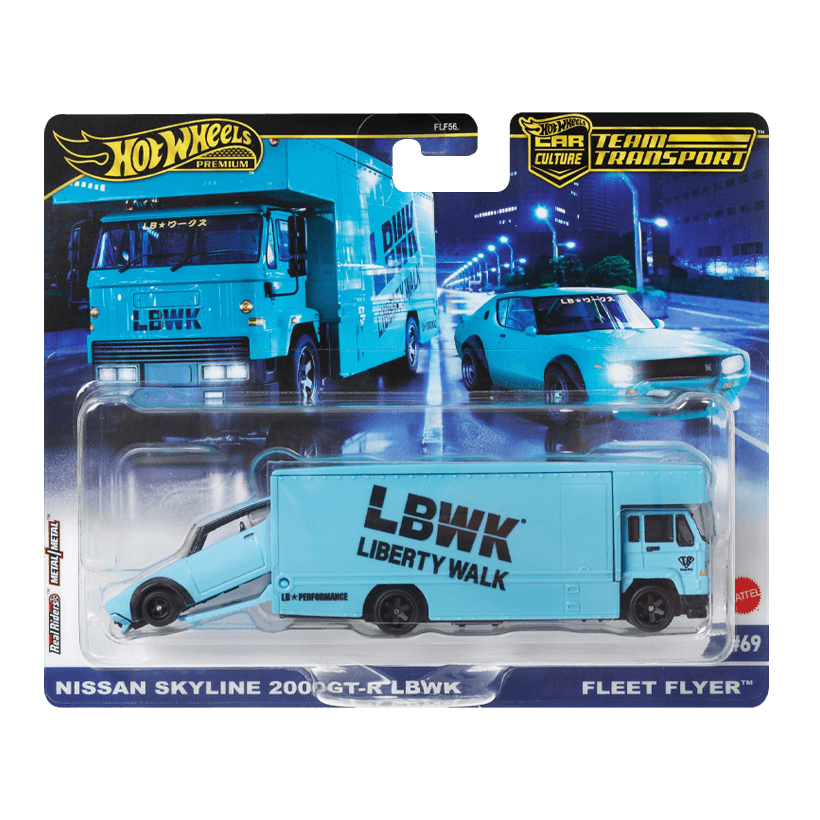 Машинка Premium 2шт Hot Wheels Nissan Skyline 2000GT-R LBWK и Транспортер Fleet Flyer Team Transport 1:64 HRV45 Blue - Retromagaz