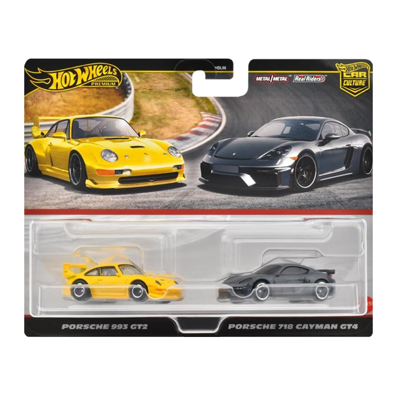 Машинка Premium 2шт Hot Wheels Porsche Porsche 993 GT2 / 718 Cayman GT4 2-Packs 1:64 HRR82 Yellow - Retromagaz