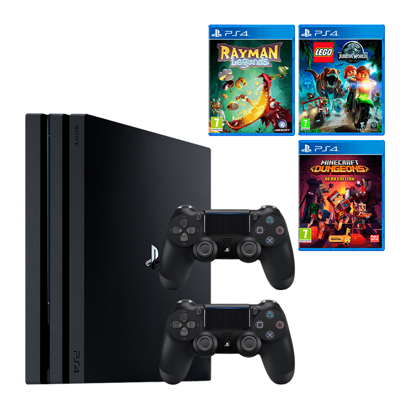 Набор Консоль Sony PlayStation 4 Pro CUH-72xx 1TB Black Б/У + Игра Rayman Legends Русская Озвучка + Lego Jurassic World Русские Субтитры + Геймпад Беспроводной DualShock 4 Version 2 + Игра Minecraft Dungeons Hero Edition Русские Субтитры - Retromagaz