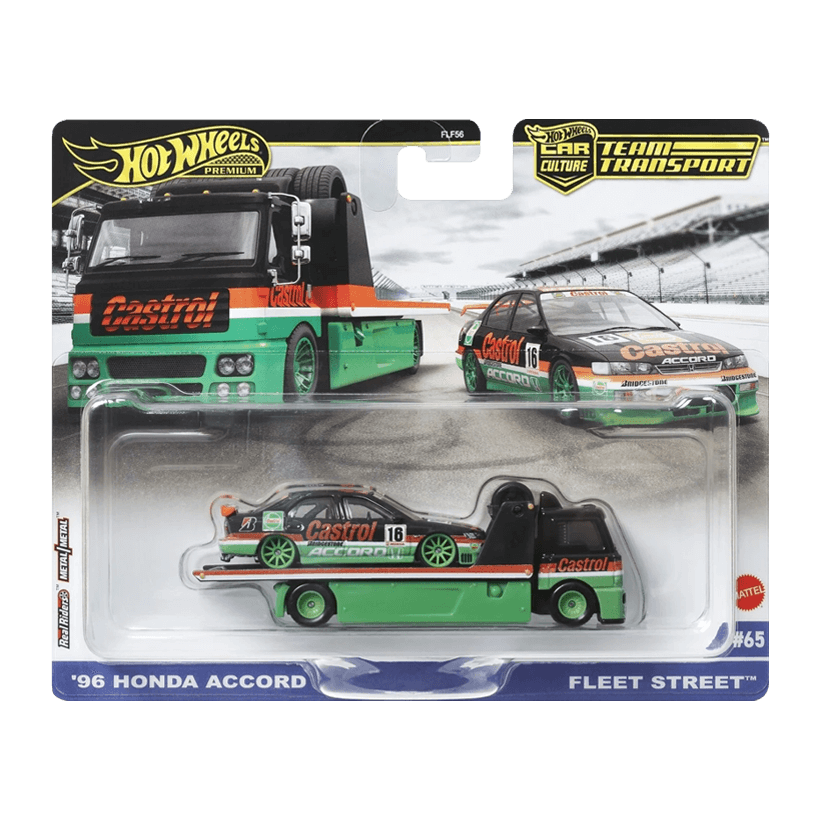 Машинка Premium 2шт Hot Wheels '96 Honda Accord и Транспортер Fleet Street Team Transport 1:64 FLF56/HRV46 Black - Retromagaz