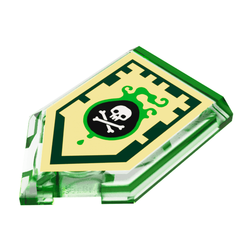 Плитка 4шт Lego Модифікована Декоративна Pentagonal Nexo Power Shield Pattern Venom Bite 2 x 3 22385pb009 6133533 Trans-Bright Green Б/У - Retromagaz