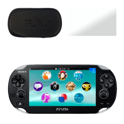 Набор Консоль Sony PlayStation Vita Модифицированная 64GB Black + 5 Встроенных Игр Б/У  + Чехол Мягкий RMC Новый + Стекло  Trans Clear - Retromagaz