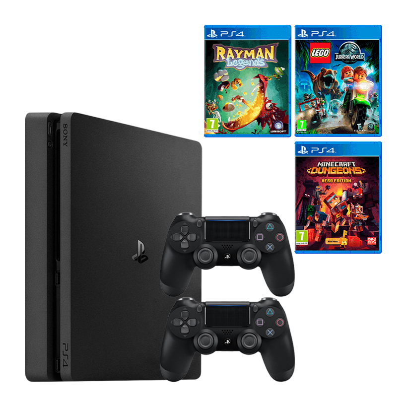 Набір Консоль Sony PlayStation 4 Slim 1TB Black Б/У + Гра Lego Jurassic World Російські Субтитри + Геймпад Бездротовий DualShock 4 Version 2 + Гра Minecraft Dungeons Hero Edition Російські Субтитри + Гра Rayman Legends Російська Озвучка - Retromagaz