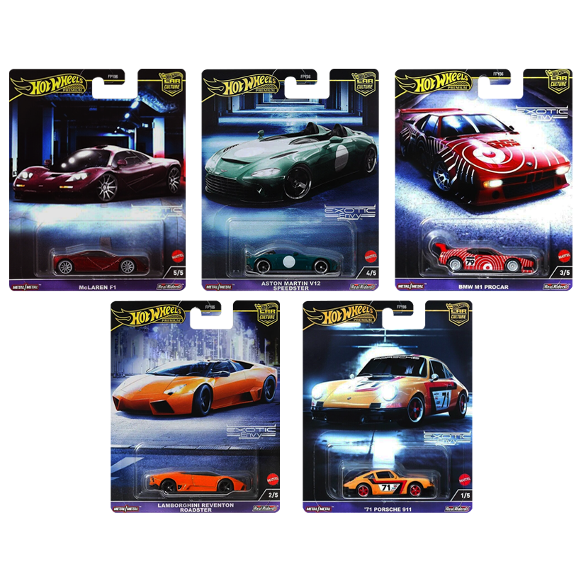 Набір Машинка Premium Hot Wheels Porsche '71 Porsche 911 Exotic Envy 1:64 HKC80 Yellow  + Lamborghini Reventón Roadster Orange + BMW M1 Procar Red + Aston Martin V12 Speedster Green + McLaren F1 Mr. Bean Red - Retromagaz