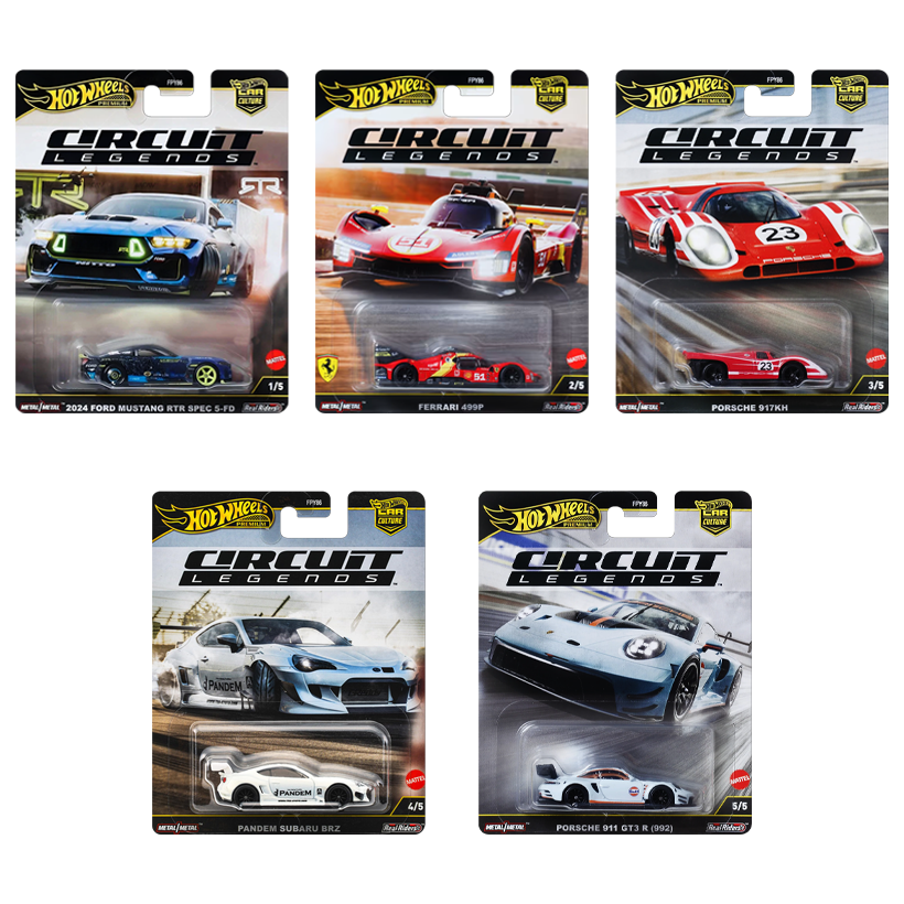Набір Машинка Premium Hot Wheels Ferrari 499P Circuit Legends 1:64 JBK49 Red  + Porsche 917KH + 911 GT3 R (992) Blue + 2024 Ford Mustang RTR Spec 5-FD + Pandem Subaru BRZ White - Retromagaz