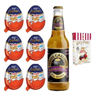 Набір Шоколадне Яйце Kinder 6шт Joy Funko Harry Potter 20g  + Пиво Безалкогольне Flying Cauldron Harry Potter Butterscotch Beer + Цукерки Harry Potter Bertie Bott's - Retromagaz