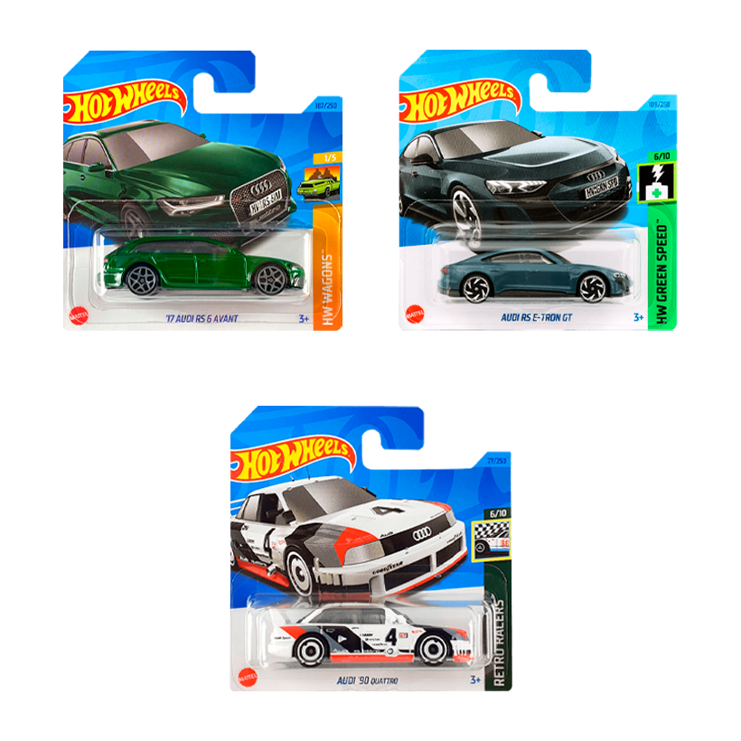 Набір Машинка Базова Hot Wheels '17 Audi RS 6 Avant Wagons 1:64 HKH69 Green  + Машинка Базова RS E-Tron GT Dark Grey + Машинка Базова '90 Quattro White - Retromagaz