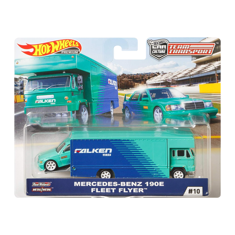 Машинка Premium 2шт Hot Wheels Mercedes-Benz 190E и Транспортер Fleet Flyer Team Transport 1:64 FYT08 Green - Retromagaz