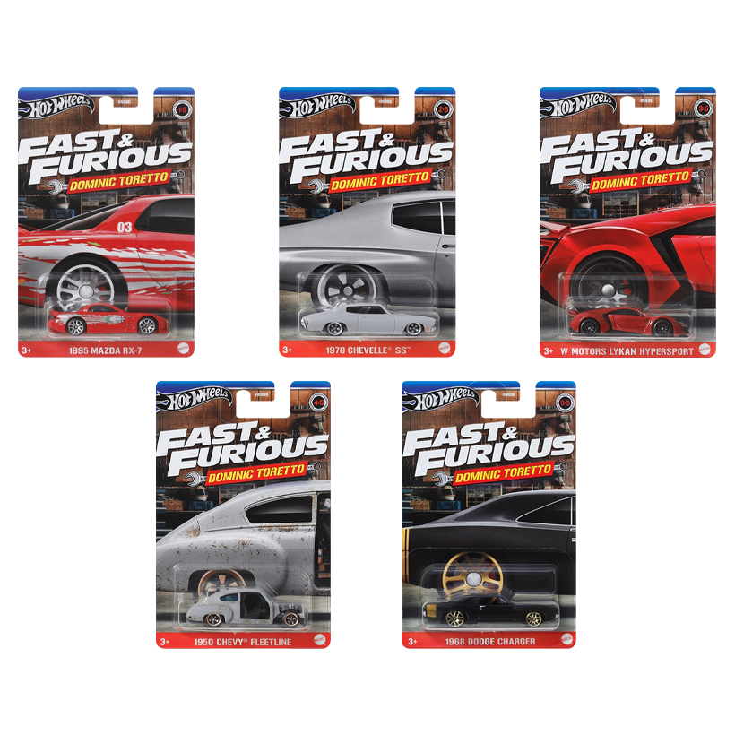 Набір Тематична Машинка Hot Wheels 1995 Mazda RX-7 Dominic Toretto Fast & Furious 1:64 HNR88/HRW46 Red  + Тематична Машинка 1970 Chevelle SS Dominic Toretto Grey + Тематична Машинка Lykan Hypersport Dominic Toretto + Тематична Машинка 1950 Chevy Fleetline - Retromagaz