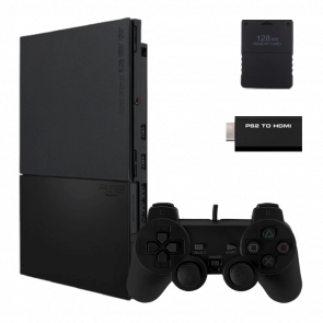 Набор Консоль Sony PlayStation 2 Slim SCPH-9xxx Chip Black Б/У  + Карта Памяти RMC Новый + Адаптер