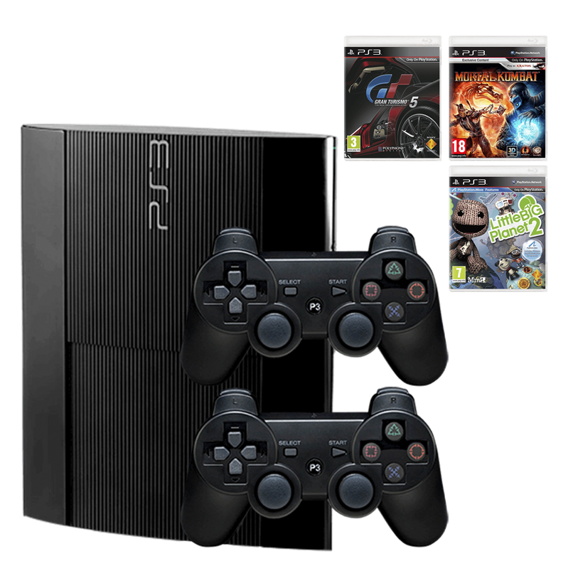 Набор Консоль Sony PlayStation 3 Super Slim 500GB Black Б/У  + Геймпад Беспроводной RMC Новый + Игра Mortal Kombat Английская Версия + Gran Turismo 5 Русская Озвучка + LittleBigPlanet 2 - Retromagaz