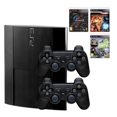 Набір для Двох: Консоль PlayStation 3 Super Slim 500GB Black Б/У + Геймпад RMC Новий + LittleBigPlanet 2 + Mortal Kombat + Gran Turismo 5 - Retromagaz