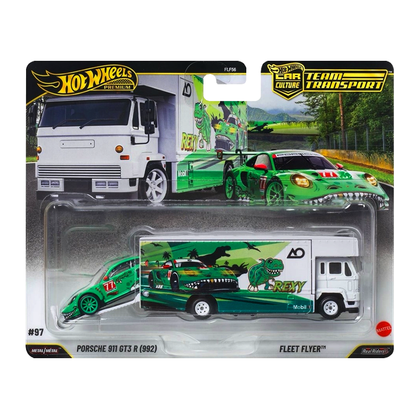Машинка Premium 2шт Hot Wheels Porsche 911 GT3 R (992) та Fleet Flyer Team Transport 1:64 JHX98 Green - Retromagaz