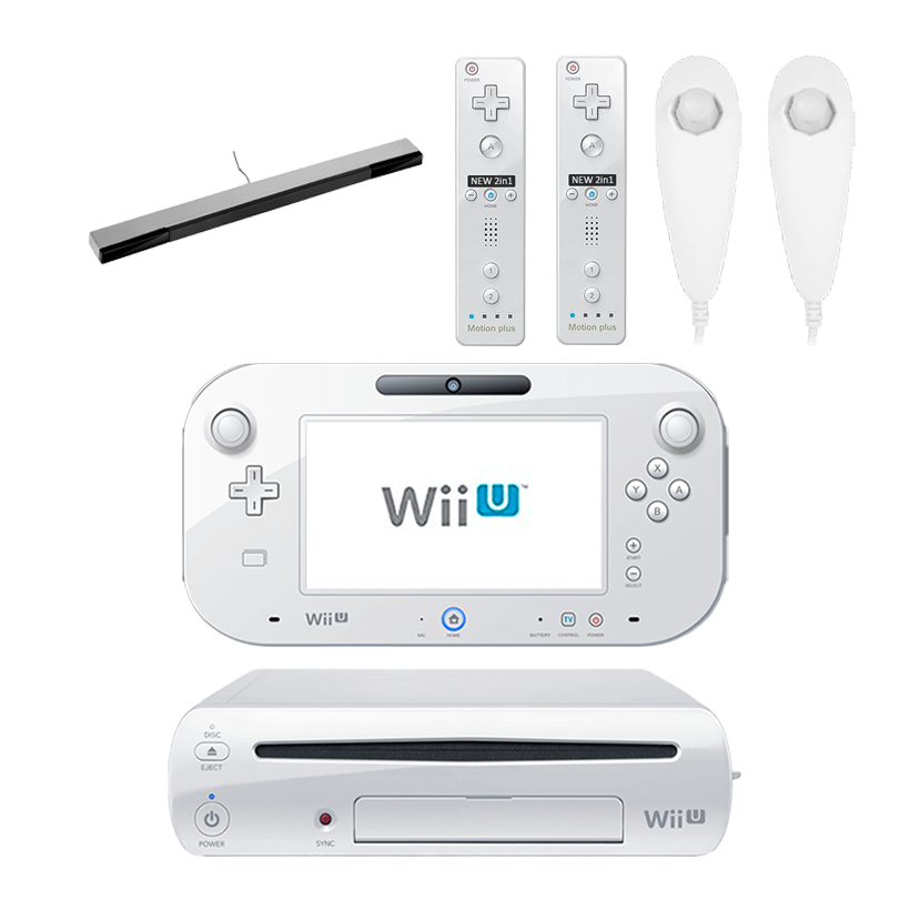 Набір Консоль Nintendo Wii U Модифікована 96GB White + 5 Вбудованих Ігор Б/У  + Сенсор Руху Дротовий RMC Sensor Bar Silver Новий + Контролер Бездротовий Remote Plus Новий 2шт + Контролер Дротовий Nunchuk Новий 2шт - Retromagaz