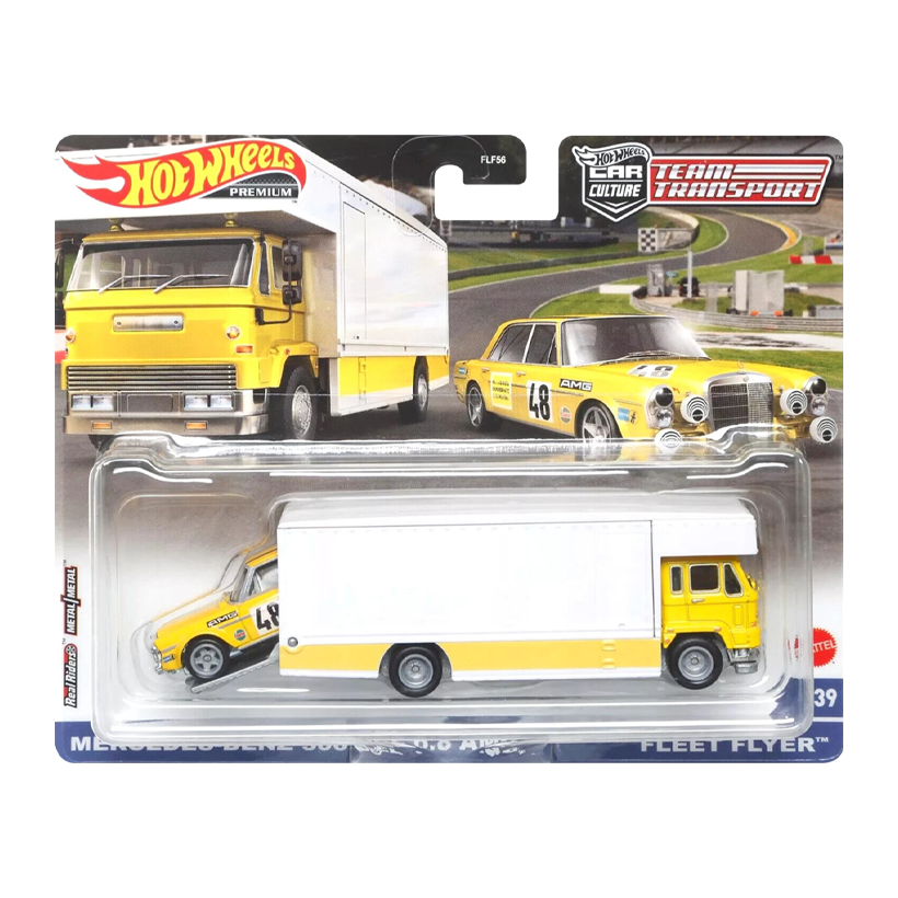 Машинка Premium 2шт Hot Wheels Mercedes-Benz 300 SEL 6.8 AMG и Транспортер Fleet Flyer Team Transport 1:64 HCR32 Yellow - Retromagaz