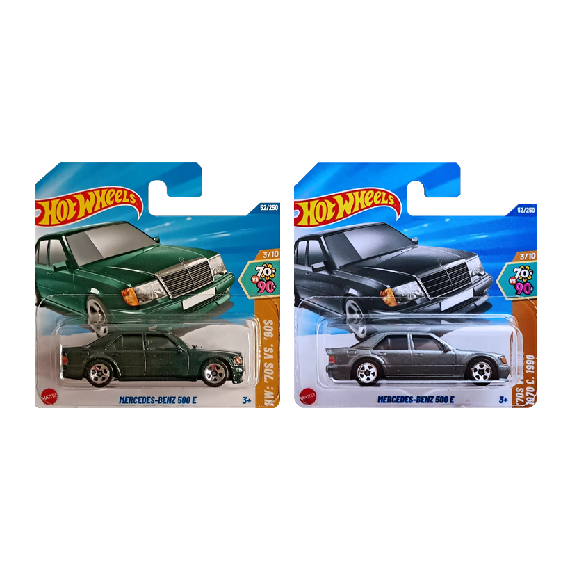 Набір Машинка Базова Hot Wheels Mercedes-Benz 500 E '70s vs. '90s 1:64 HYX02 Green  + Машинка Базова Silver - Retromagaz