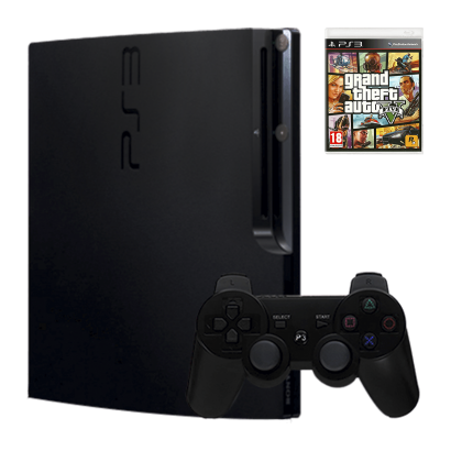 Набір Консоль Sony PlayStation 3 Slim 120GB Black Б/У  + Гра Grand Theft Auto V Російські Субтитри - Retromagaz