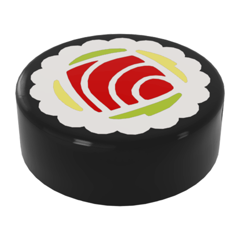Плитка Lego Кругла Декоративна with Sushi Tuna Maki Roll Pattern 1 x 1 98138pb077 6196842 Black Б/У - Retromagaz