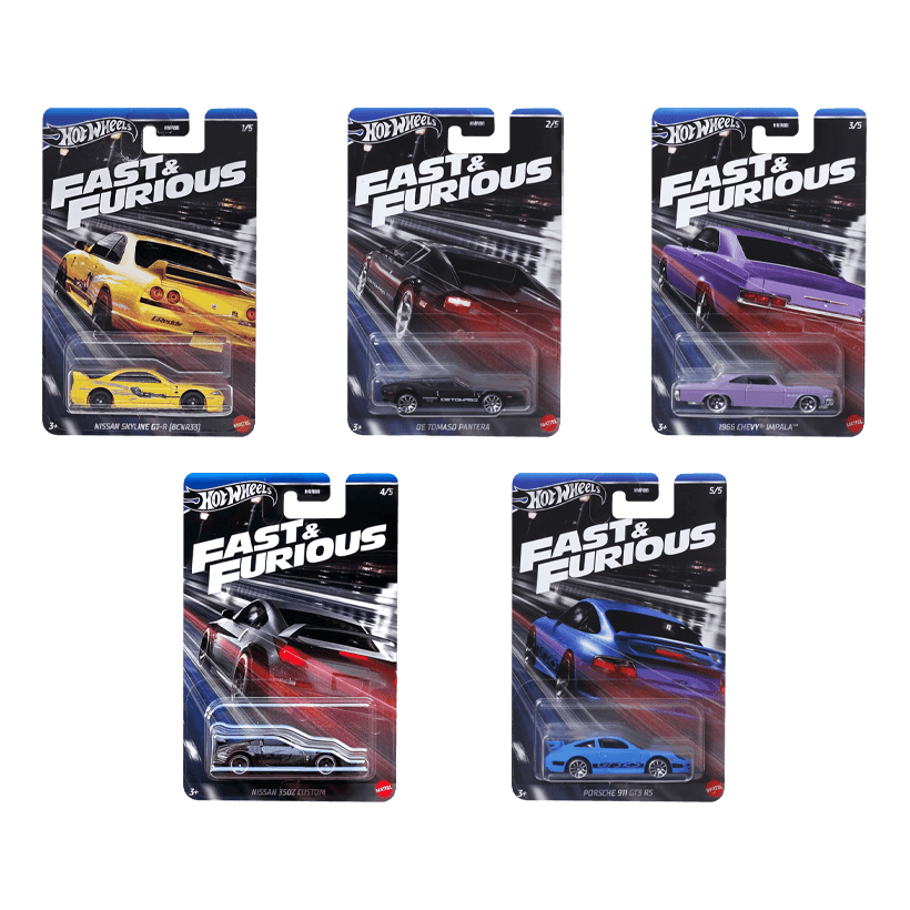 Набір Тематична Машинка Hot Wheels Nissan Skyline GT-R (BCNR33) Fast & Furious 1:64 HNR88/HRW51 Yellow  + Тематична Машинка De Tomaso Pantera Black + Тематична Машинка 1966 Chevy Impala Purple + Тематична Машинка Nissan 350Z Custom Grey + Тематична Машинк - Retromagaz
