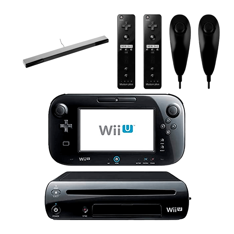 Набір Консоль Nintendo Wii U Модифікована 96GB Black + 5 Вбудованих Ігор Б/У  + Сенсор Руху Дротовий RMC Sensor Bar Silver Новий + Контролер Бездротовий Remote Plus Новий 2шт + Контролер Дротовий Nunchuk Новий 2шт - Retromagaz