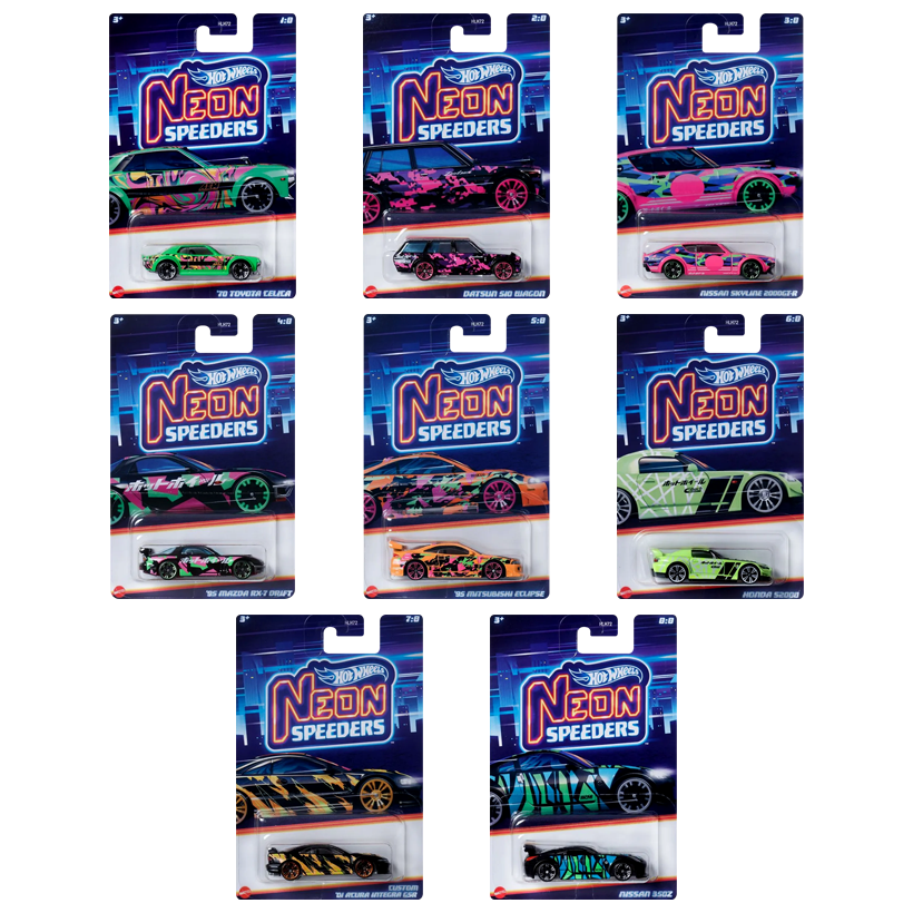Набір Тематична Машинка Hot Wheels Mitsubishi '95 Mitsubishi Eclipse Neon Speeders 1:64 HLH72/HRW71 Orange  + Тематична Машинка Nissan 350Z Black + Тематична Машинка Datsun 510 Wagon + Тематична Машинка '95 Mazda RX-7 Drift + Тематична Машинка '70 Toyota  - Retromagaz