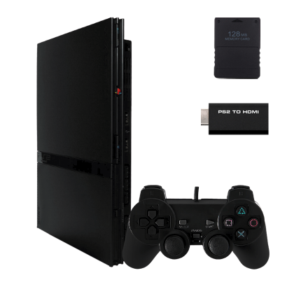 Набор Консоль Sony PlayStation 2 Slim SCPH-7xxx Chip Black Б/У  + Адаптер RMC Новый + Карта Памяти - Retromagaz