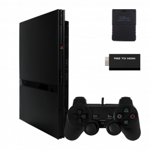 Набор Консоль Sony PlayStation 2 Slim SCPH-7xxx Chip Black Б/У  + Адаптер RMC Новый + Карта Памяти