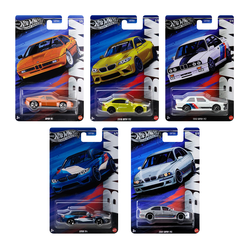 Набір Тематична Машинка Hot Wheels 2001 BMW M5 BMW 1:64 JBY58 Silver  + M1 Orange + 2016 M2 Yellow + 1992 M3 White + M4 Blue - Retromagaz