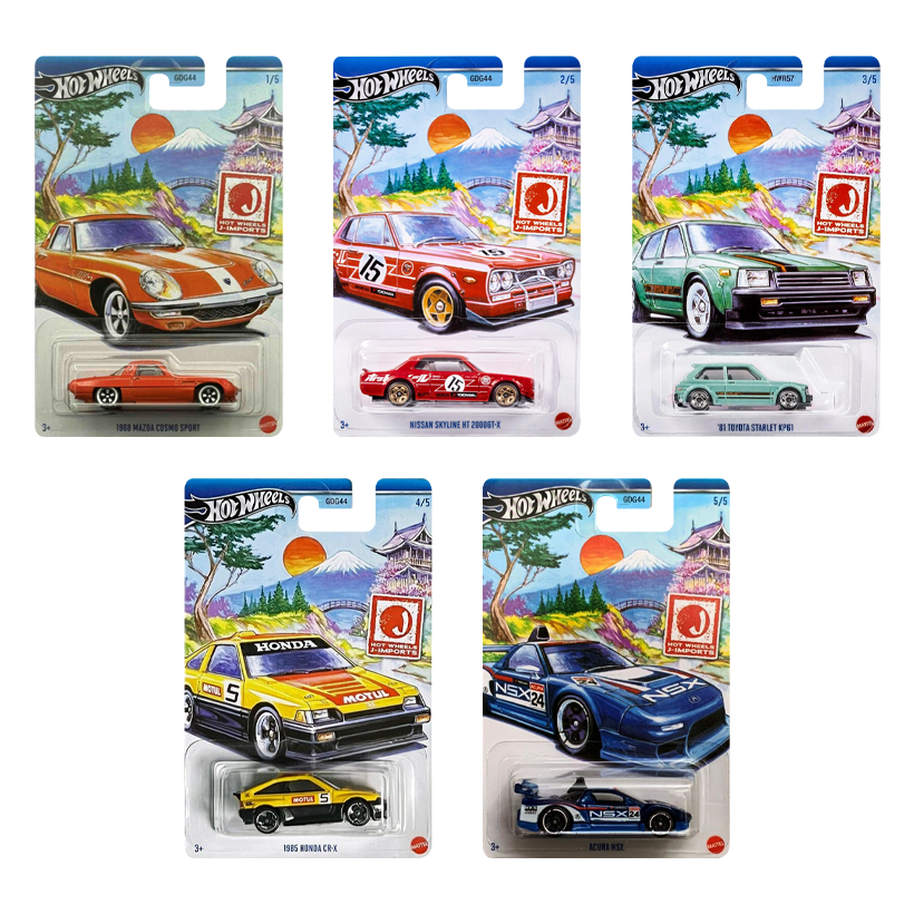 Набір Тематична Машинка Hot Wheels 1968 Mazda Cosmo Sport J-Imports 1:64 HWR57/HRT00 Orange  + Тематична Машинка `81 Toyota Starlet KP61 Green + Тематична Машинка 1985 Honda CR-X Yellow + Тематична Машинка Nissan Skyline HT 2000GT-X Red + Тематична Машинк - Retromagaz