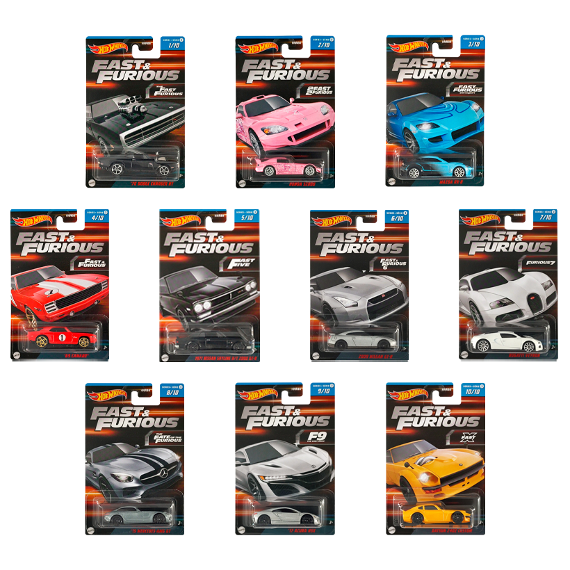 Набір Тематична Машинка Hot Wheels '70 Dodge Charger R/T Fast & Furious 1:64 HNR88/HNT11 Black  + Тематична Машинка Honda S2000 Pink + Тематична Машинка Mazda RX-8 + Тематична Машинка '69 Camaro Red + Тематична Машинка 1971 Nissan Skyline H/T 2000 GT-R +  - Retromagaz