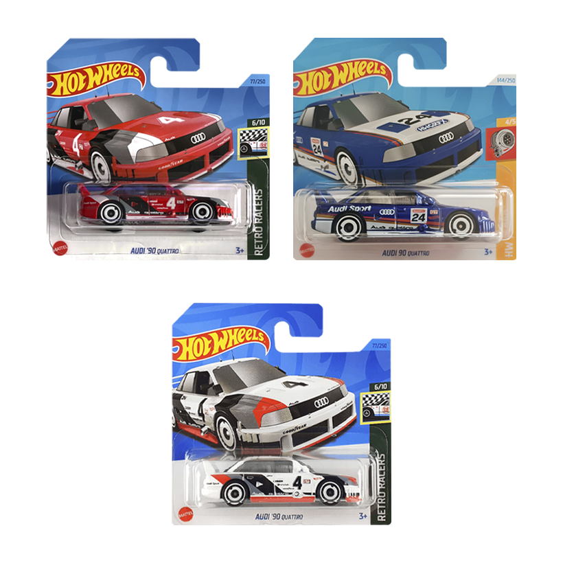 Набір Машинка Базова Hot Wheels Audi '90 Quattro Turbo 1:64 HTC64 Blue  + Машинка Базова White + Машинка Базова Red - Retromagaz