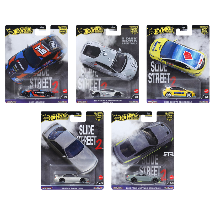 Набір Машинка Premium Hot Wheels 2023 Nissan Z Slide Street 1:64 HKC86 Black  + LB-WORKS Lamborghini Huracán Grey + 2023 Toyota GR Corolla Yellow + Nissan 240SX (S14) Grey + 2018 Ford Mustang RTR Spec 5 - Retromagaz