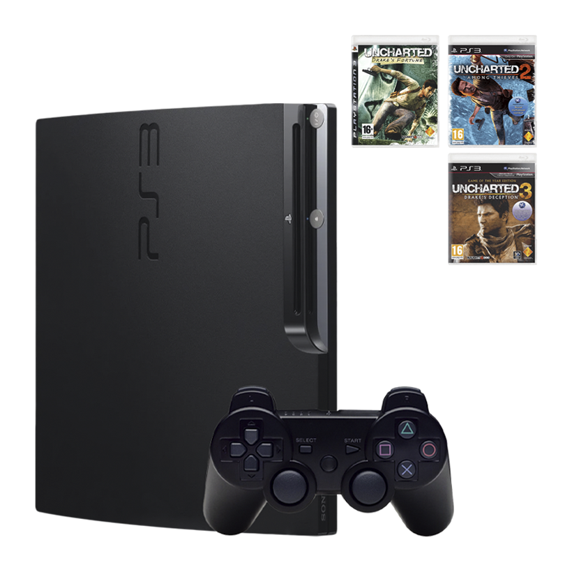 Набір Консоль Sony PlayStation 3 Slim 120GB Black Без Геймпада Б/У  + Гра Uncharted Drake's Fortune Англійська Версія + Гра Uncharted 3 Drake's Deception Game of the Year Edition Російська Озвучка + Гра Uncharted 2 Among Thieves Російська Озвучка - Retromagaz