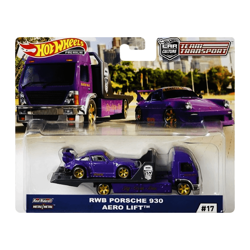 Машинка Premium 2шт Hot Wheels Porsche RWB Porsche 930 та Транспортер Aero Lift Team Transport 1:64 GJT37 Purple - Retromagaz