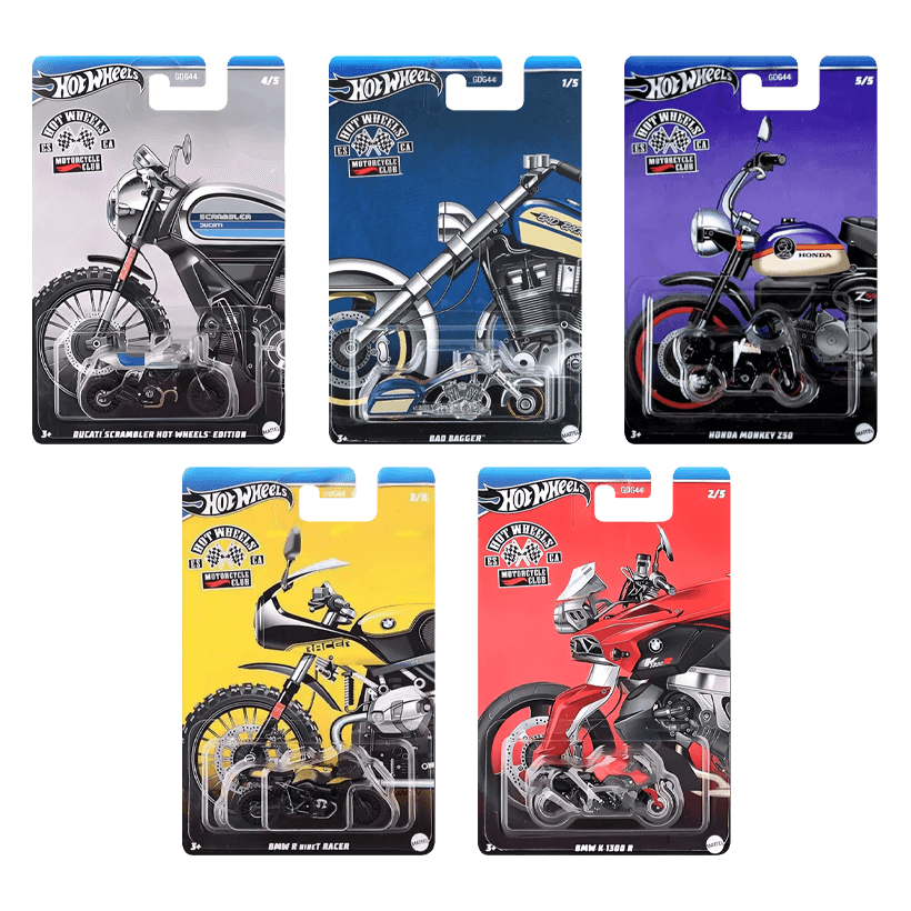 Набір Тематична Машинка Hot Wheels Bad Bagger Motorcycle Club 1:64 HRR90 Blue  + Тематична Машинка BMW K 1300 R Red + Тематична Машинка R nineT Racer Yellow + Тематична Машинка Ducati Scrambler Edition Silver + Тематична Машинка Honda Monkey Z50 Purple - Retromagaz