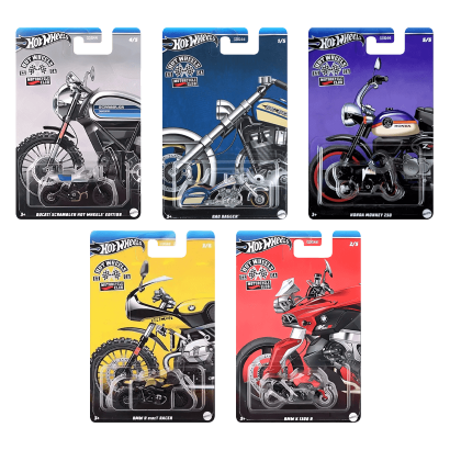 Набір Тематична Машинка Hot Wheels Bad Bagger Motorcycle Club 1:64 HRR90 Blue  + BMW K 1300 R Red + R nineT Racer Yellow + Ducati Scrambler  Edition Silver + Honda Monkey Z50 Purple - Retromagaz