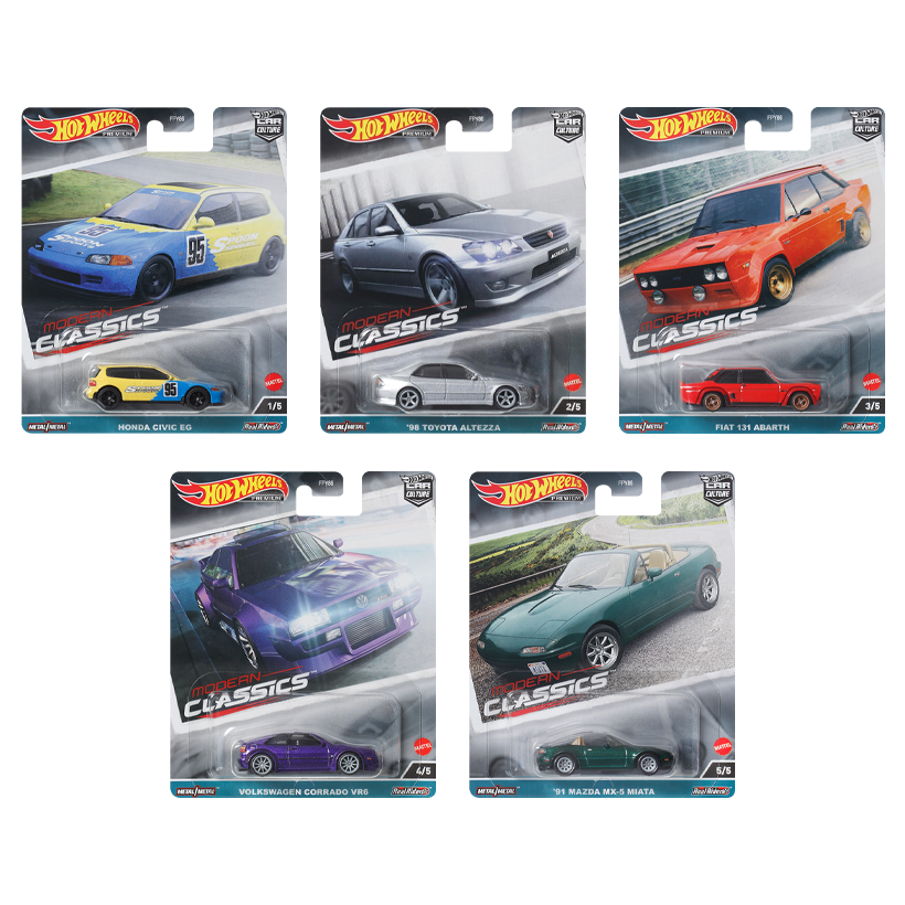 Набір Машинка Premium Hot Wheels Honda Civic EG Modern Classics 1:64 FPY86/HKC67 Yellow  + '98 Toyota Altezza Silver + Fiat 131 Abarth Red + Volkswagen Corrado VR6 Purple + '91 Mazda MX-5 Miata Green - Retromagaz