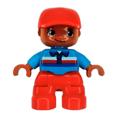 Фігурка Lego Red Legs Medium Blue Top with Zipper and Blue Red and White Stripes Red Cap Oval Eyes Duplo Boy 47205pb042a 1 Б/У - Retromagaz