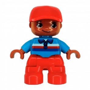 Фигурка Lego Red Legs Medium Blue Top with Zipper and Blue Red and White Stripes Red Cap Oval Eyes Duplo Boy 47205pb042a 1 Б/У - Retromagaz