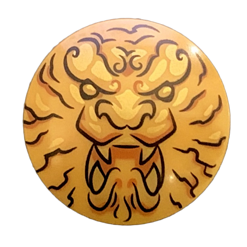 Зброя Lego Щит Circular Convex Face with Black and Gold Ninjago Lion 75902pb17 6302878 Pearl Gold Б/У - Retromagaz