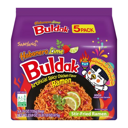 Набір Локшина Samyang 5шт Buldak Artificial Spicy Chicken Flavor Ramen Habanero Lime Гостра 135g - Retromagaz