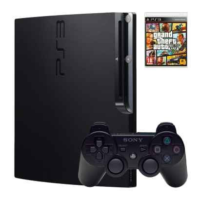Набор Консоль Sony PlayStation 3 Slim 120GB Black Б/У  + Геймпад Беспроводной DualShock 3 + Игра Grand Theft Auto V Русские Субтитры - Retromagaz